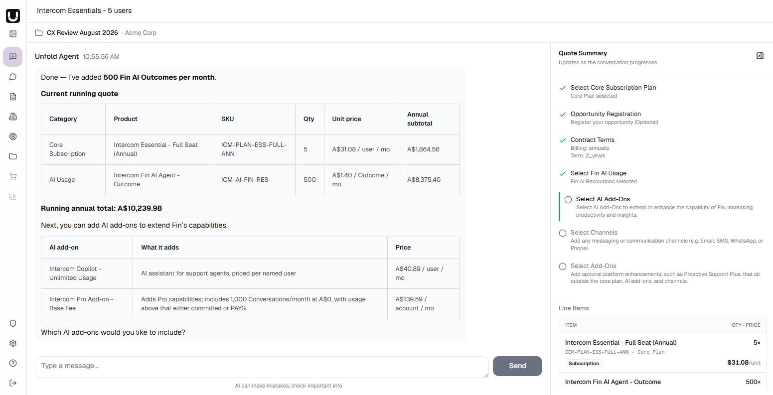 Unfold platform showing Partner Agent conversation for Zelify Guardian quote generation with detailed pricing breakdown