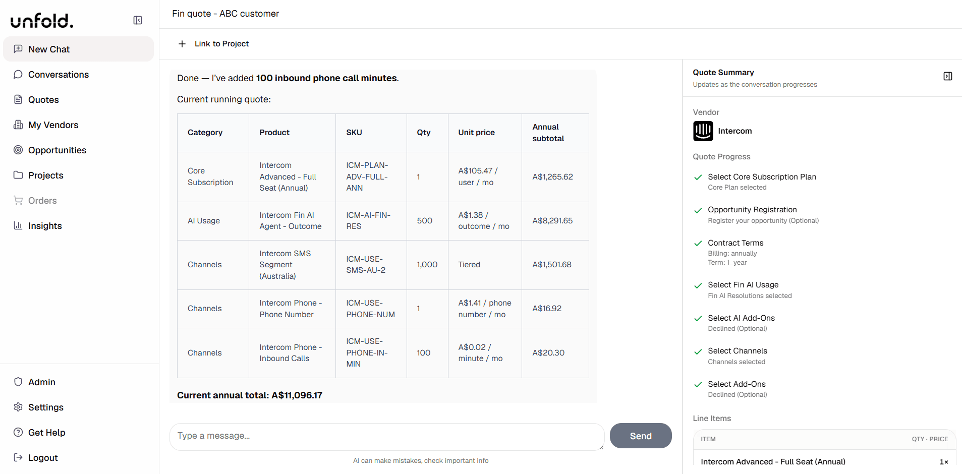 Unfold agent response showing product information alongside a quote